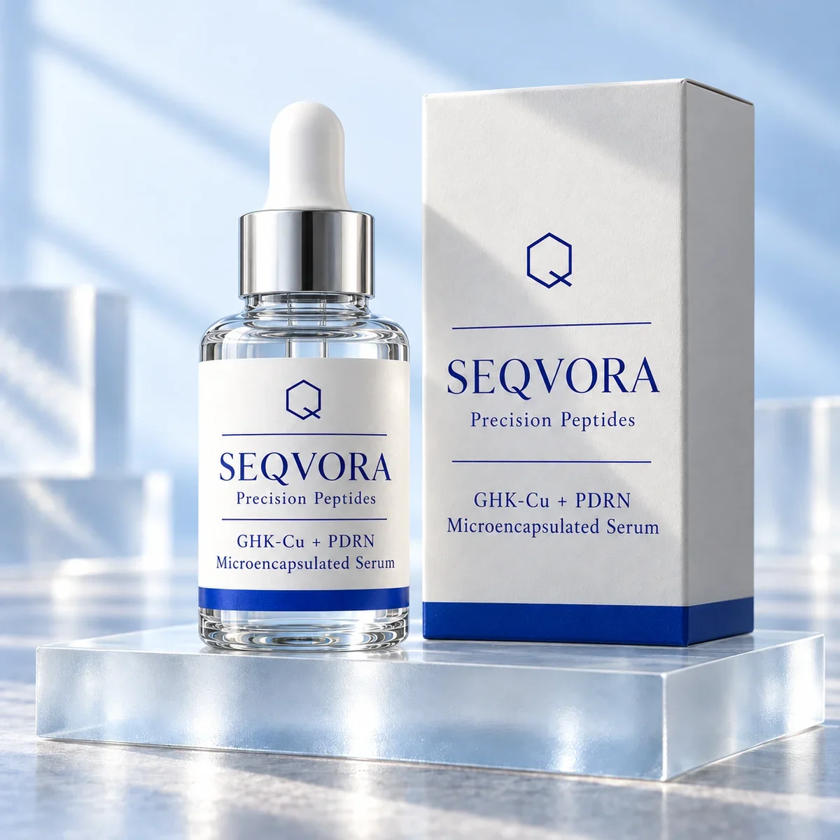 Концепция упаковки SEQVORA: Микрокапсулированная сыворотка GHK-Cu + PDRN