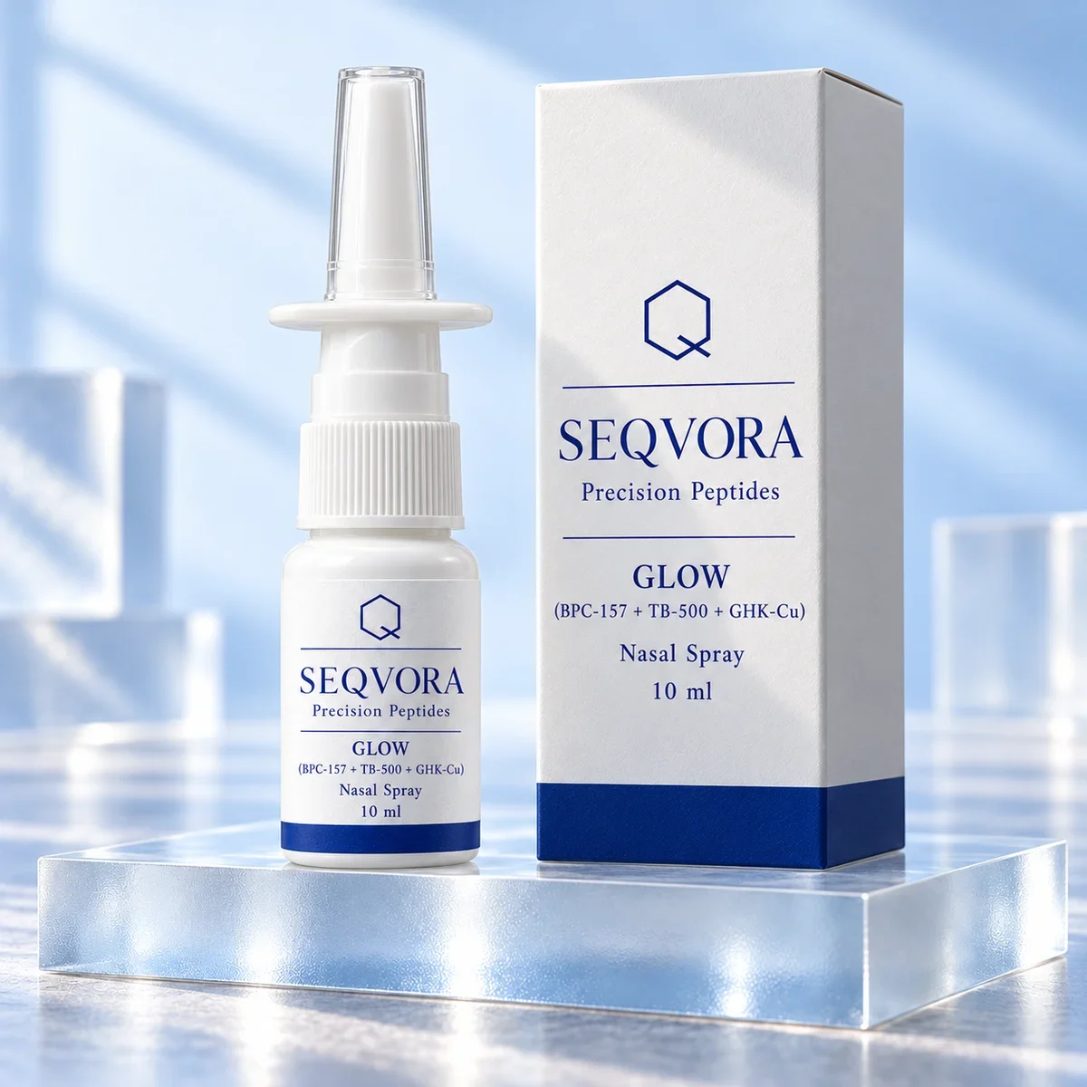 GLOW (BPC-157 + TB-500 + GHK-Cu) — назальный спрей, 10 мл — визуализация упаковки SEQVORA
